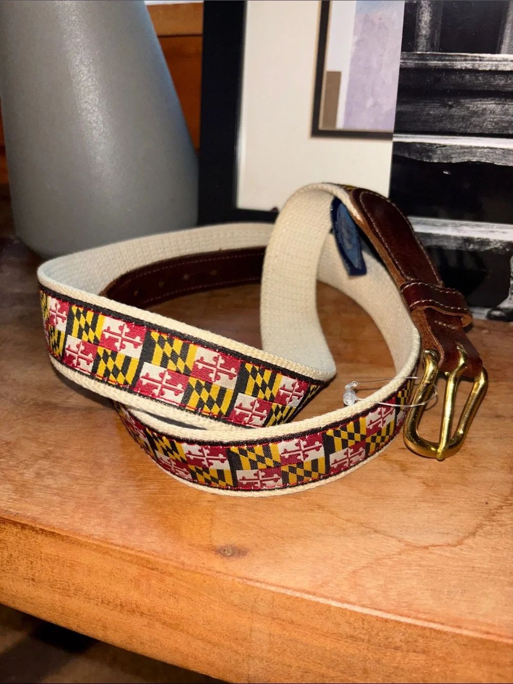 Charm City Clothing Maryland Terps Woven Belt- Brown Leather and Brass Buckle